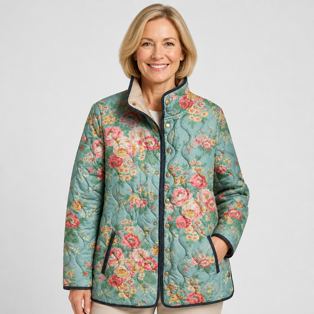 Tuulikki | Chaqueta acolchada verde menta con estampado de rosas