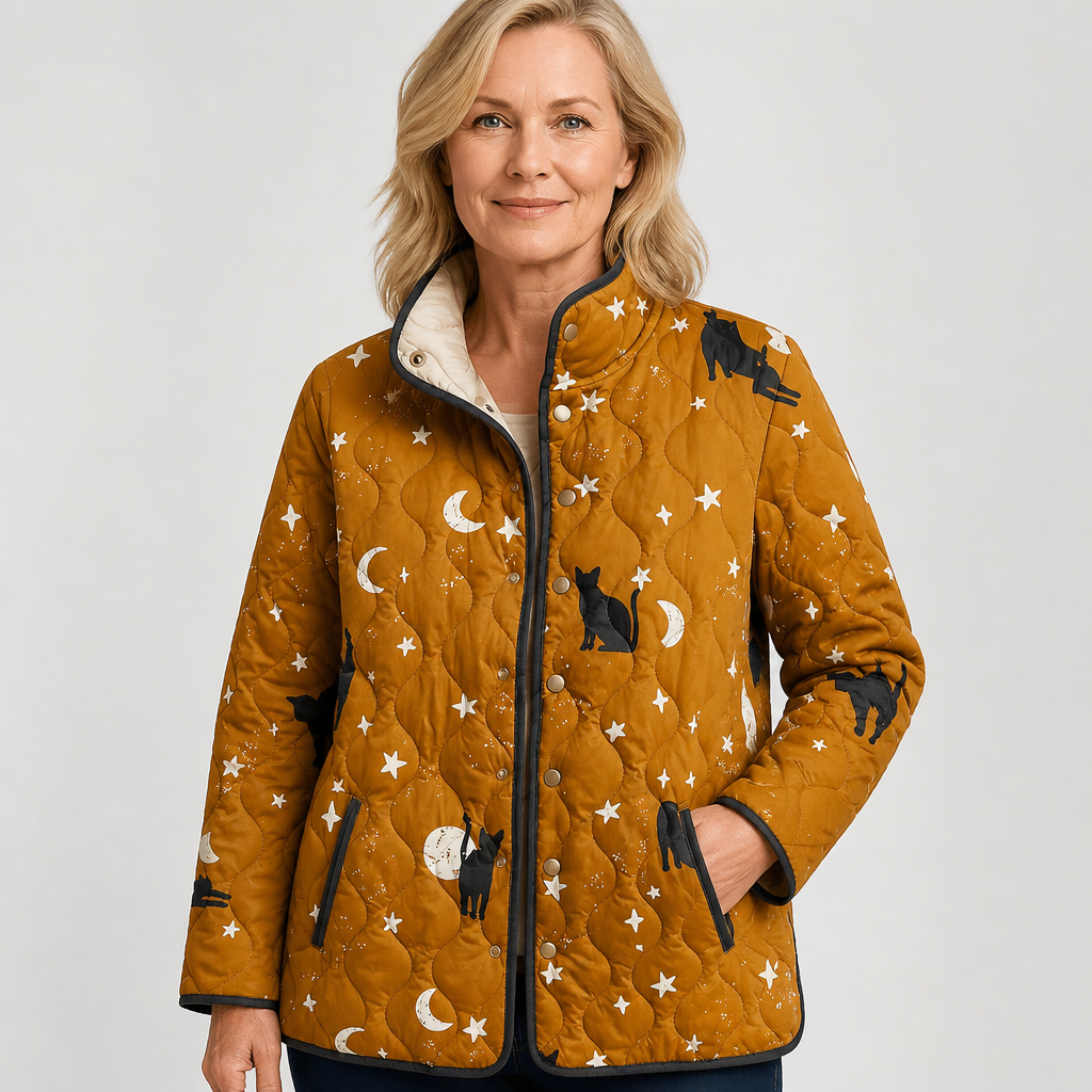 Tuija | Chaqueta acolchada mostaza con estampado de gatos
