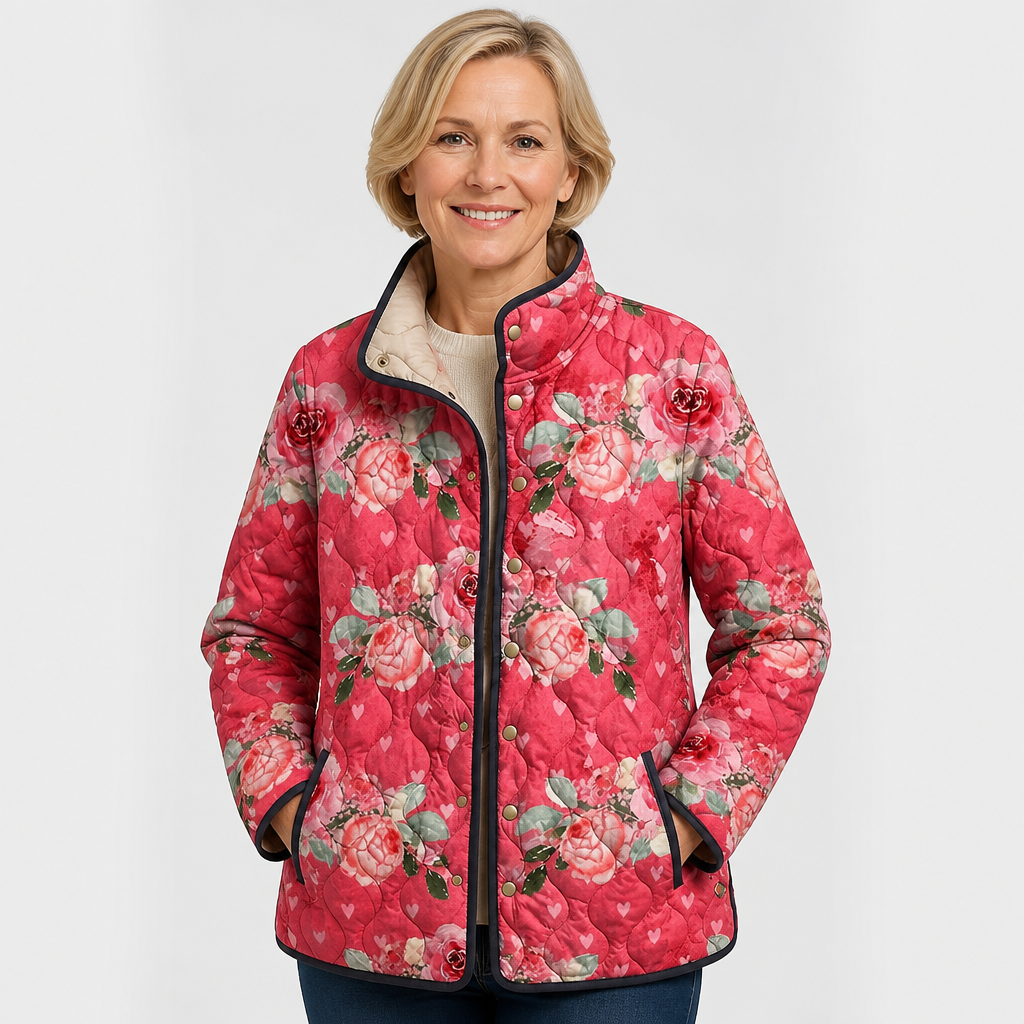 Raija | Chaqueta acolchada rosa con estampado de rosas