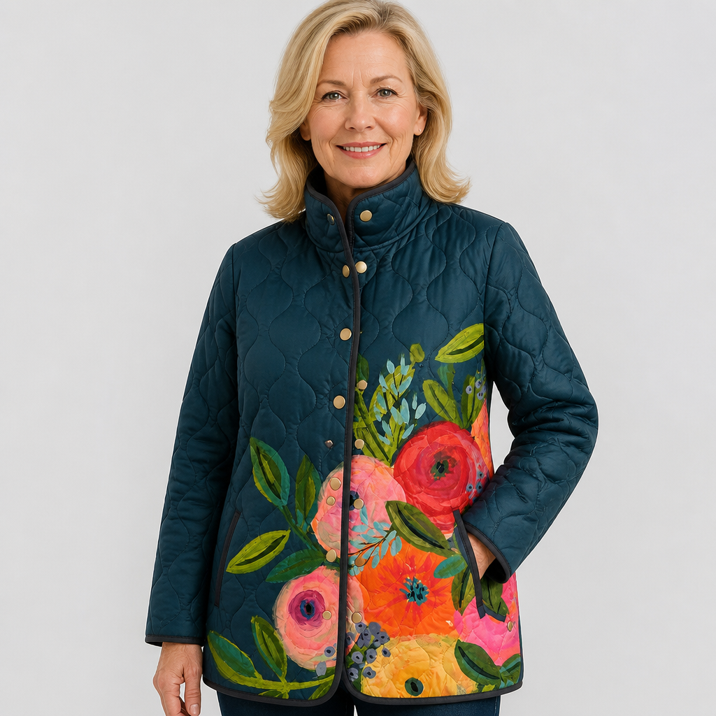 Vuokko | Chaqueta acolchada con estampado de amapolas en azul marino