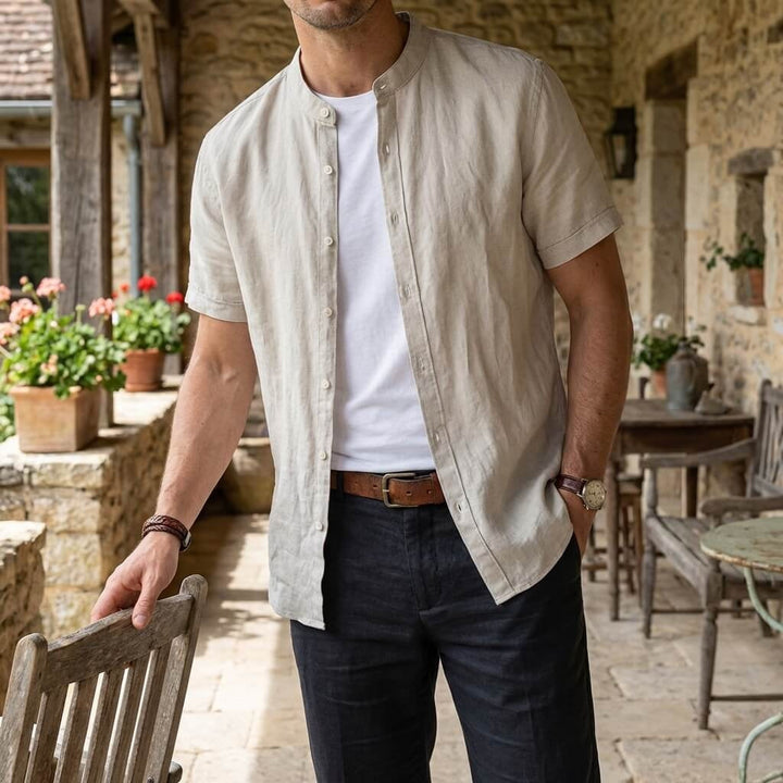 Miguel | Camisa de Lino de Manga Corta Hombre Cuello Mao