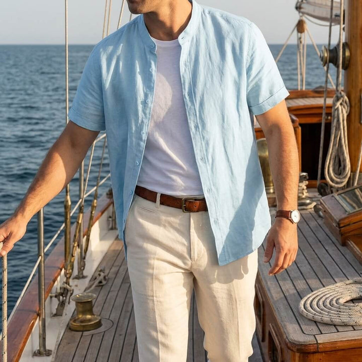 Miguel | Camisa de Lino de Manga Corta Hombre Cuello Mao