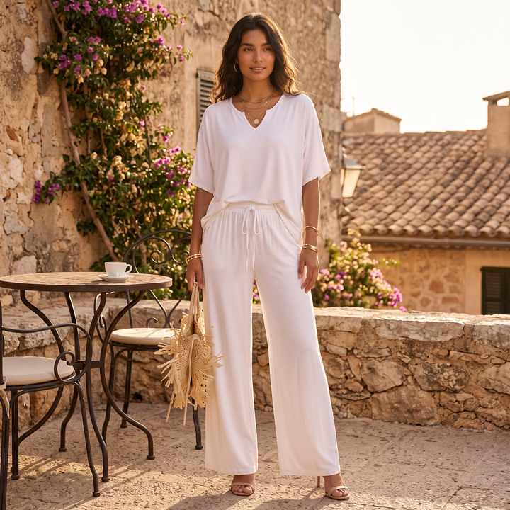 Conjunto Mujer con Pantalón Ancho Cuello Pico