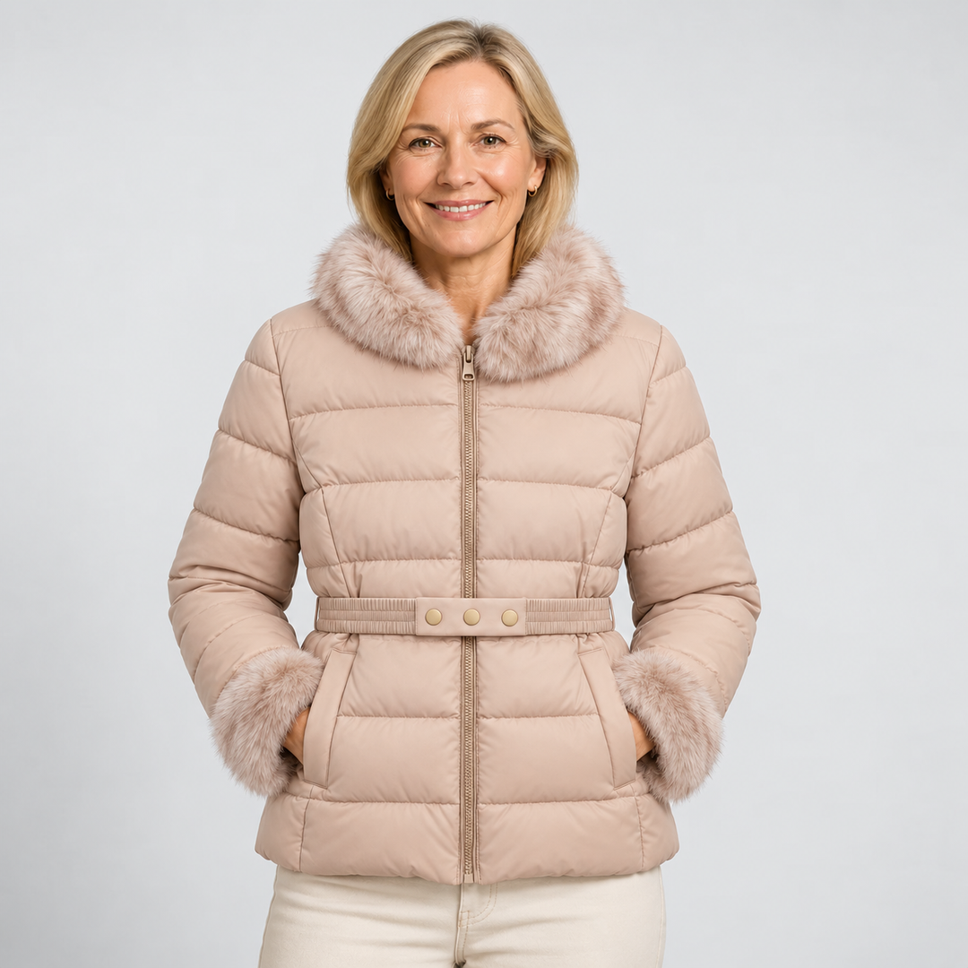 Sanni | Chaqueta corta de abrigo con cuello de piel sintética en blanco natural, beige y verde salvia