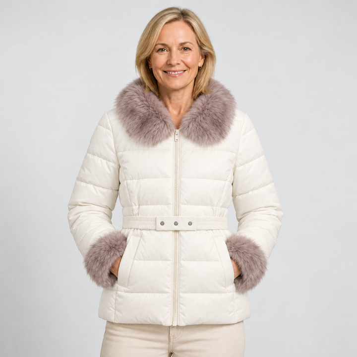 Sanni | Chaqueta corta de abrigo con cuello de piel sintética en blanco natural, beige y verde salvia