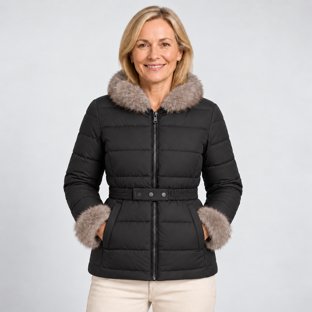 Sanni | Chaqueta corta de abrigo con cuello de piel sintética en tonos marrón café y negro
