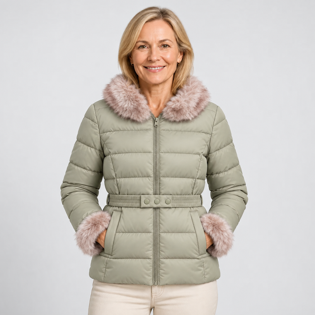 Sanni | Chaqueta corta de abrigo con cuello de piel sintética en blanco natural, beige y verde salvia